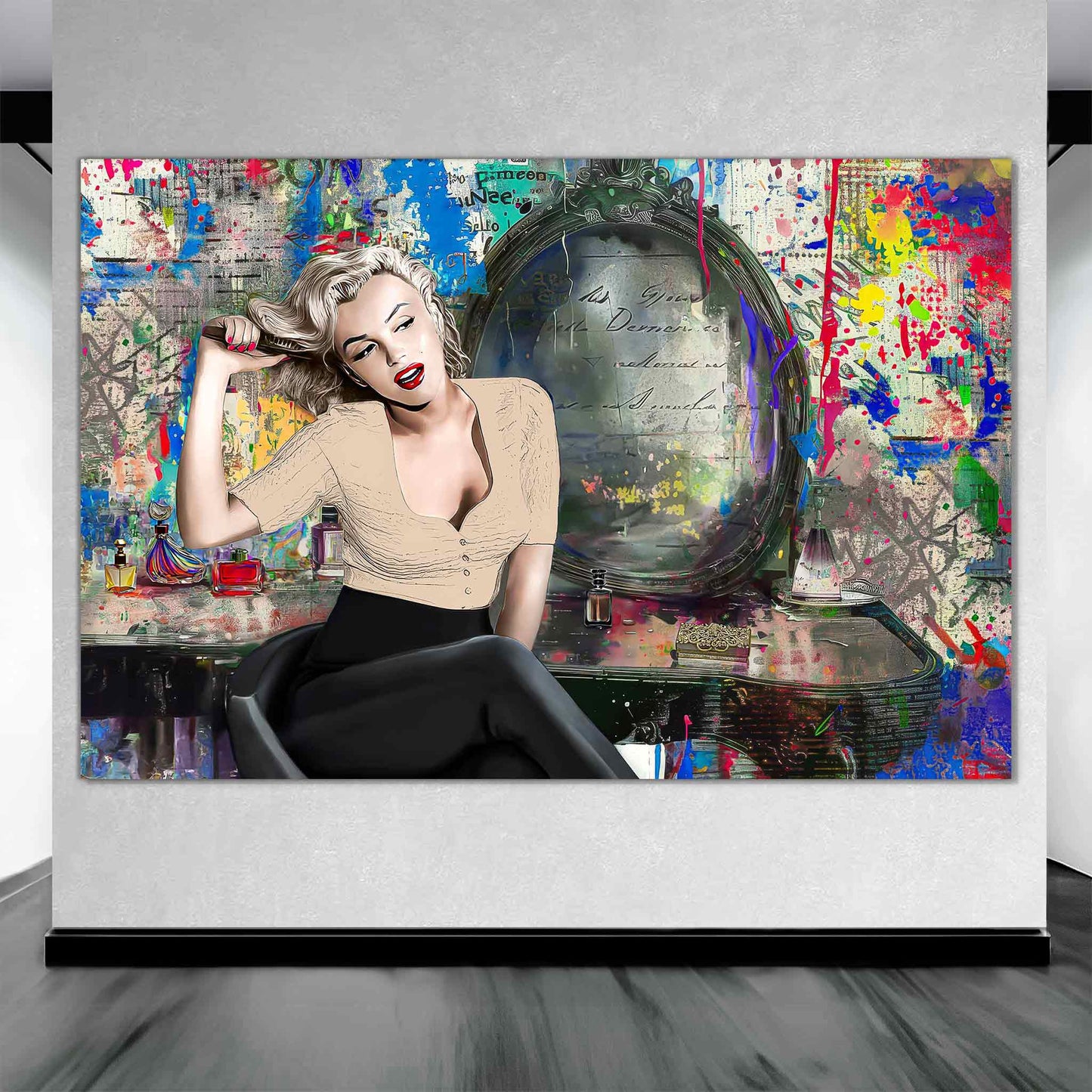 Marilyn Monroe sitting at her vanity, in front of an old vintage mirror surrounded by graffiti, beauty products, and vibrant paint splashes, art gallery display. Marilyn at the Vanity-Graphique Addictions.