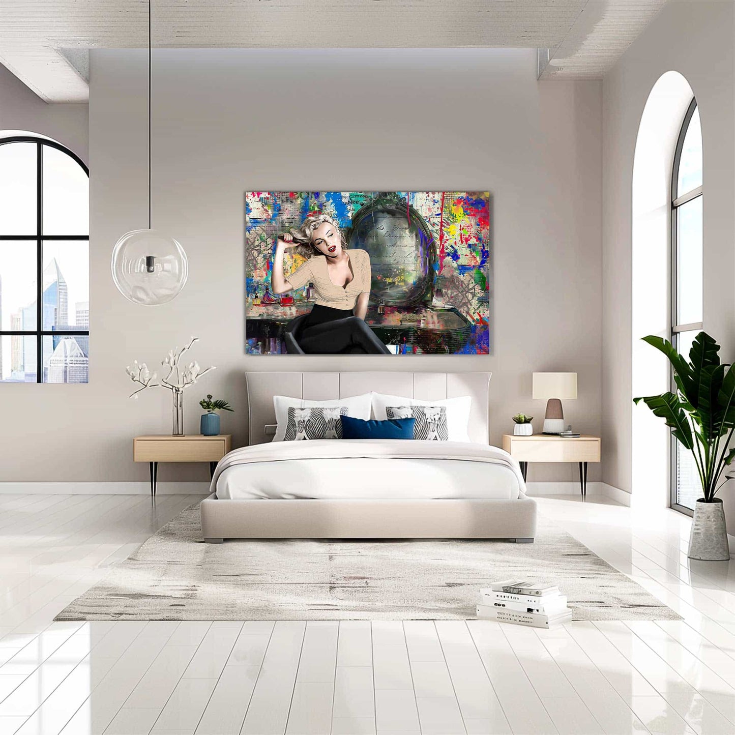 Marilyn Monroe sitting at her vanity, in front of an old vintage mirror surrounded by graffiti, beauty products, and vibrant paint splashes, bedroom wall decor. Marilyn at the Vanity-Graphique Addictions.