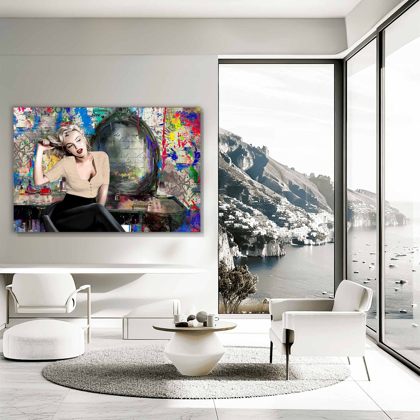 Marilyn Monroe sitting at her vanity, in front of an old vintage mirror surrounded by graffiti, beauty products, and vibrant paint splashes, office wall decor. Marilyn at the Vanity-Graphique Addictions.