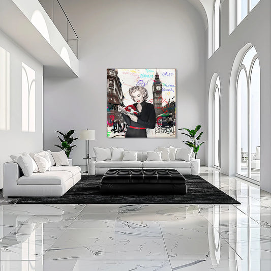 living room mockup of black and white art of Marilyn Monroe in London with vibrant red lips, Big Ben behind her, and colorful graffiti. Marilyn in London-Graphique Addictions.