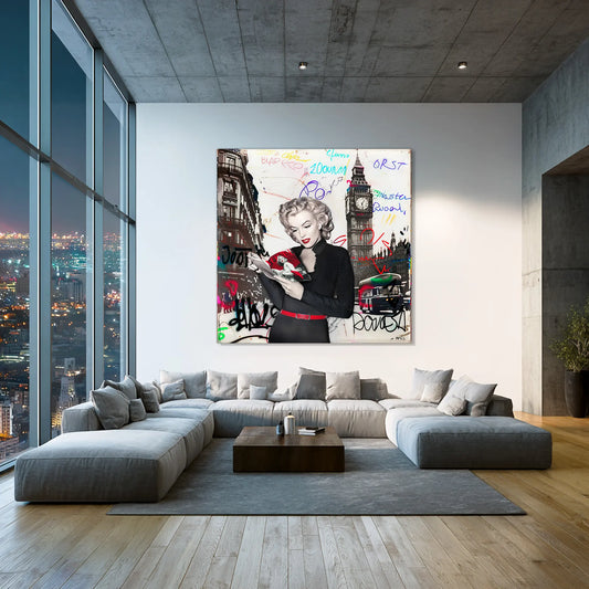 living room wall decor of black and white art of Marilyn Monroe in London with vibrant red lips, Big Ben behind her, and colorful graffiti. Marilyn in London-Graphique Addictions.
