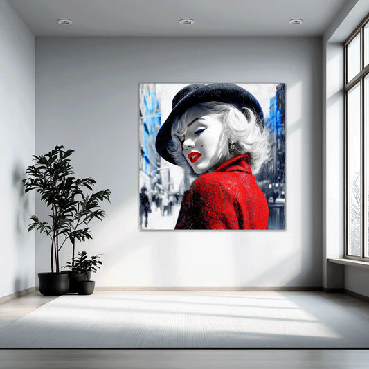 Loft mockup of Marilyn Monroe in a red coat and black hat, with red lipstick and blue eyeliner, set against a grayscale New York City street. Marilyn on Fifth Ave, Graphique Addictions.