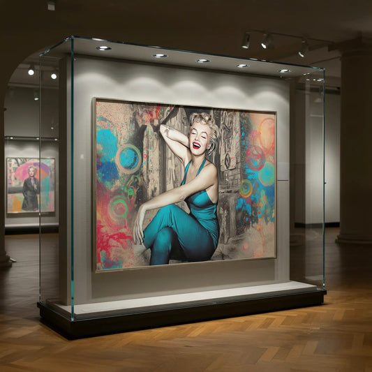 Art display of Marilyn Monroe in a teal bodysuit, smiling against an old wooden door in New York City with a colorful swirl and bubble background-Marilyn-on-the-Doorstep-Graphique Addictions