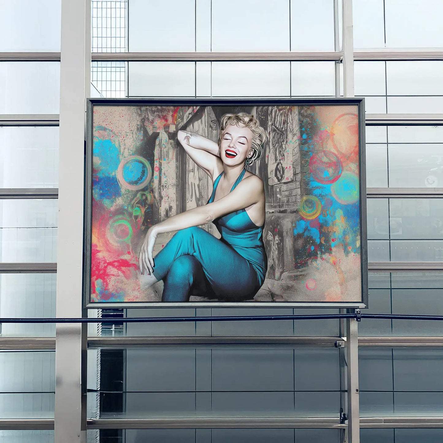 Billboard of Marilyn Monroe in a teal bodysuit, smiling against an old wooden door in New York City with a colorful swirl and bubble background-Marilyn-on-the-Doorstep-Graphique Addictions