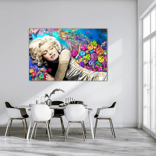 dining room wall art portrait of marilyn monroe sleeping in bed, with colorful flowers surrounding her. Graphique Addictions.