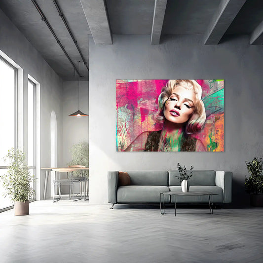 Abstract portrait of Marilyn Monroe with pink lips and lime green graffiti-style background-Marilyns-Candy-Lime-living-room-mockup, Graphique Addictions