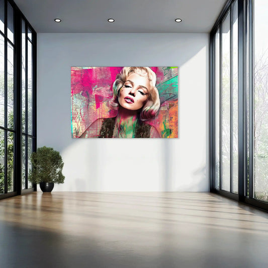 Abstract portrait of Marilyn Monroe with pink lips and lime green graffiti-style background-Marilyns-Candy-Lime-loft-mockup, Graphique Addictions
