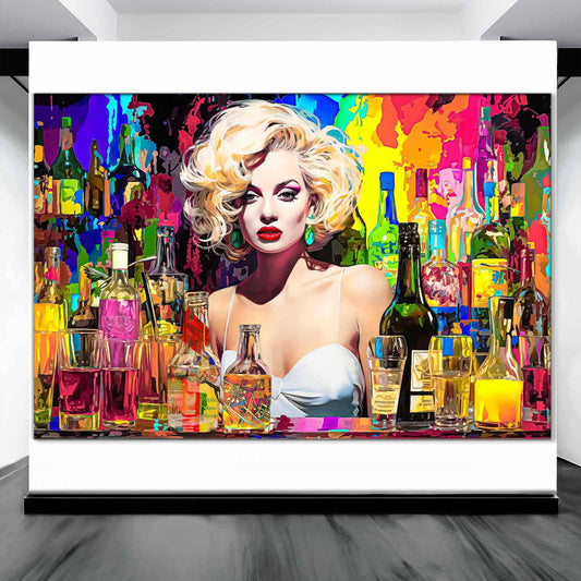 Art gallery display of Marilyn Monroe behind the bar in a white dress, surrounded by colorful alcohol bottles and glasses. Marilyn's Intoxication of Imagination-Graphique Addictions.