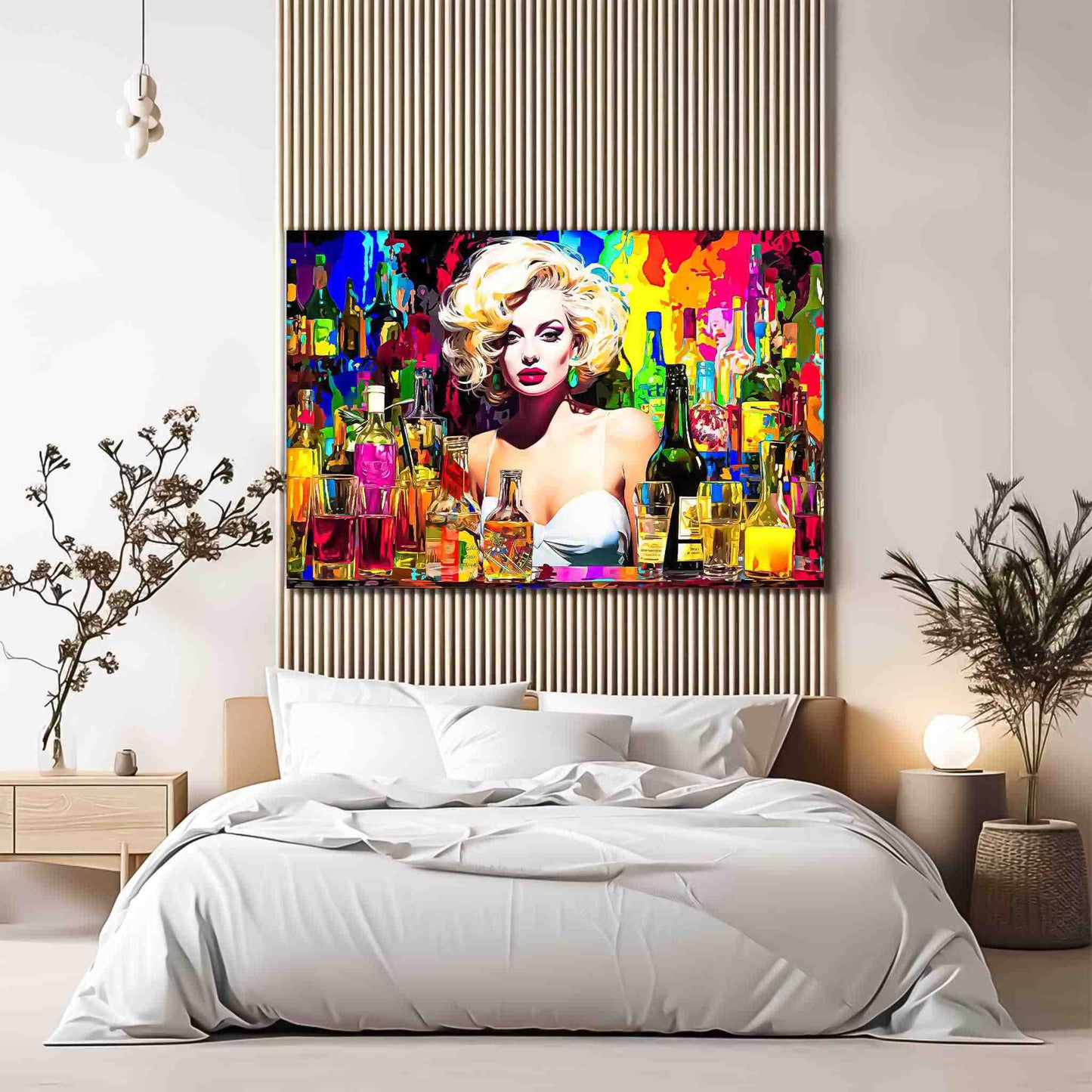 Bedroom wall decor of Marilyn Monroe behind the bar in a white dress, surrounded by colorful alcohol bottles and glasses. Marilyn's Intoxication of Imagination-Graphique Addictions.