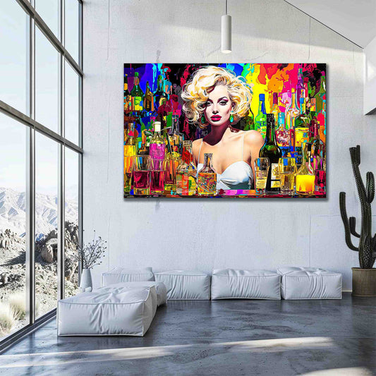 Living room wall decor of Marilyn Monroe behind the bar in a white dress, surrounded by colorful alcohol bottles and glasses. Marilyn's Intoxication of Imagination-Graphique Addictions.