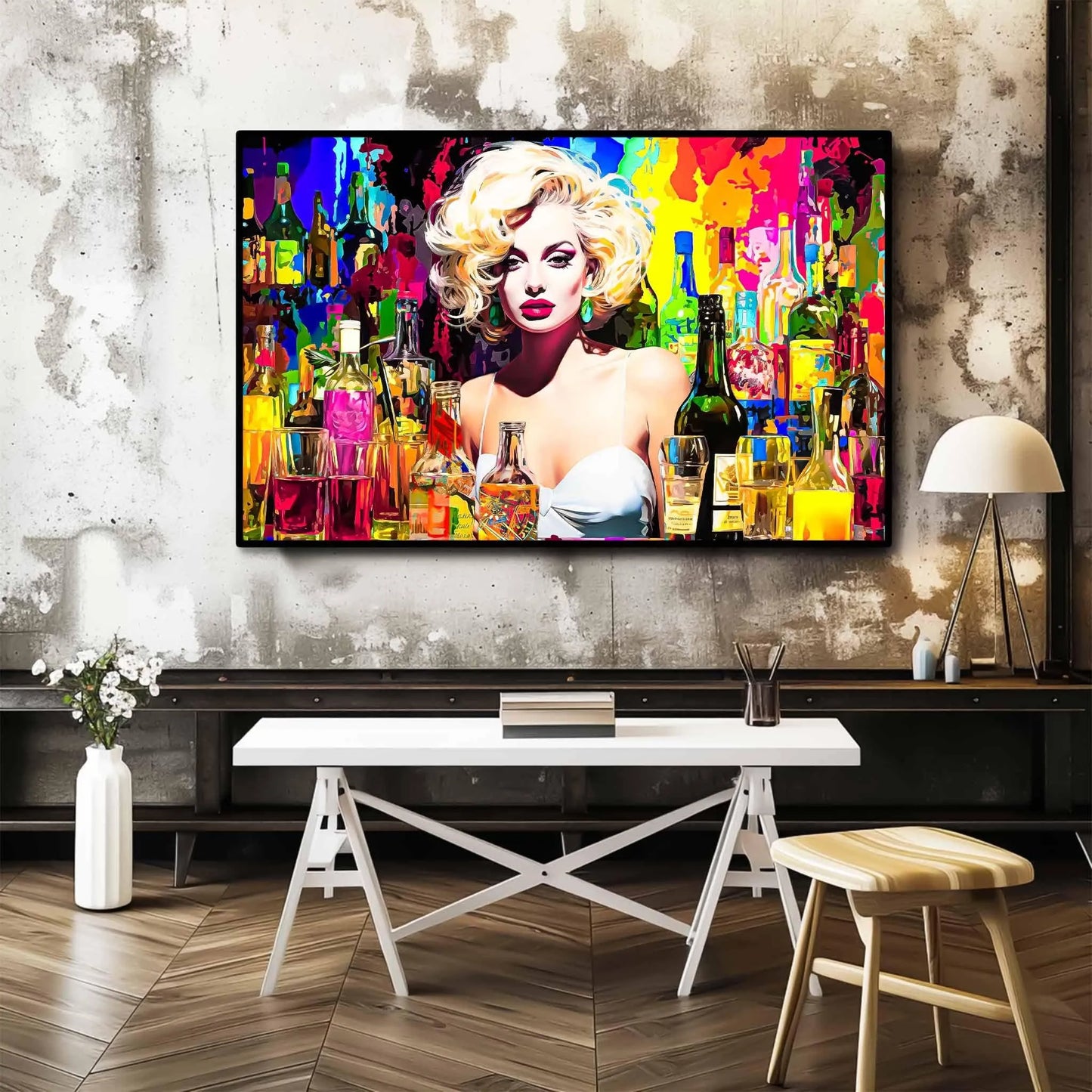 Kitchen wall decor of Marilyn Monroe behind the bar in a white dress, surrounded by colorful alcohol bottles and glasses. Marilyn's Intoxication of Imagination-Graphique Addictions.