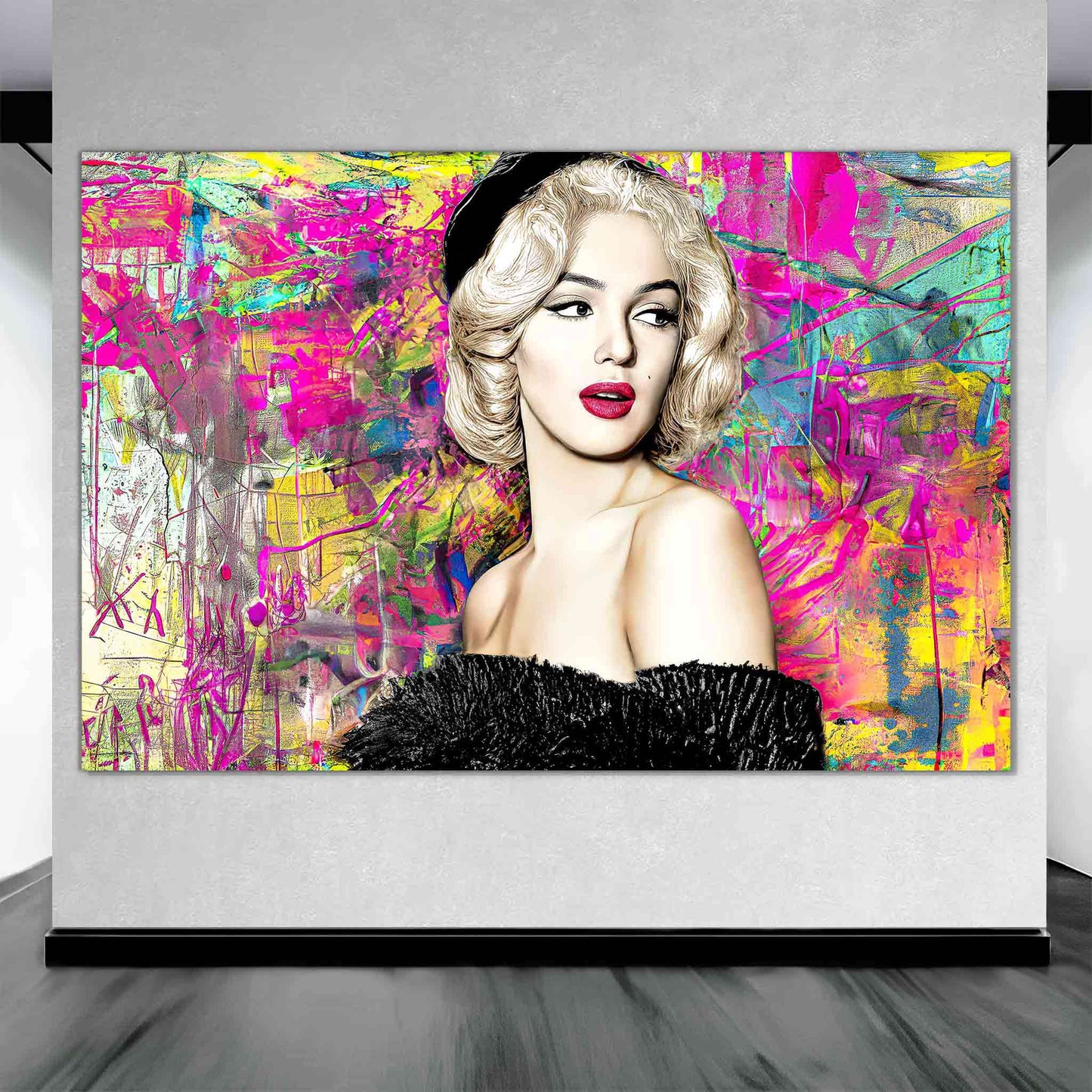 Marilyn Monroe in a black off-shoulder fur dress, against a vibrant neon graffiti background, art gallery wall art. Marilyn's Modern Vintage Graffiti-Graphique Addictions.