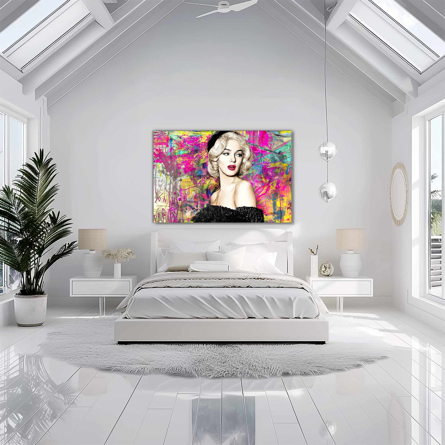 Marilyn Monroe in a black off-shoulder fur dress, against a vibrant neon graffiti background, bedroom wall art. Marilyn's Modern Vintage Graffiti-Graphique Addictions.