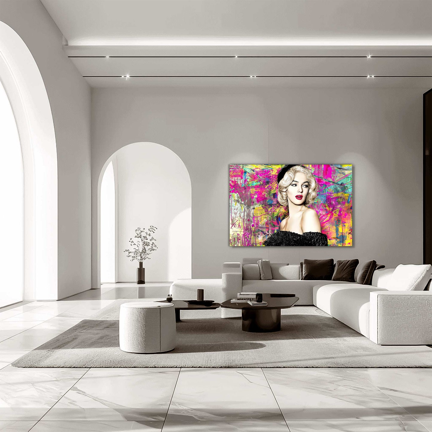 Marilyn Monroe in a black off-shoulder fur dress, against a vibrant neon graffiti background, living room wall art. Marilyn's Modern Vintage Graffiti-Graphique Addictions.