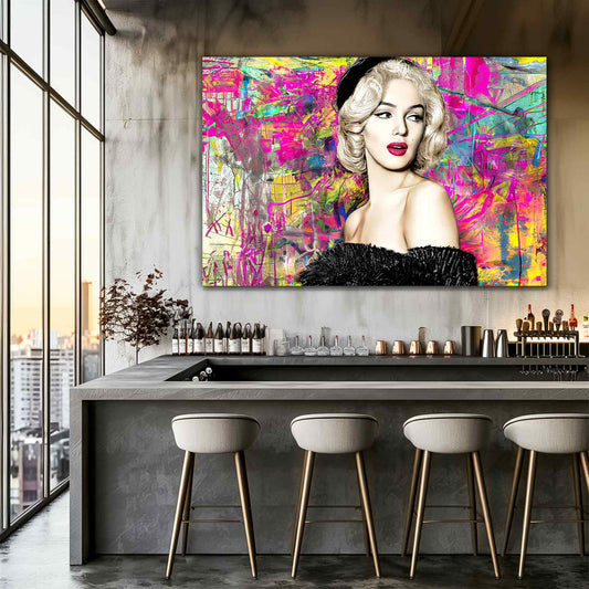 Marilyn Monroe in a black off-shoulder fur dress, against a vibrant neon graffiti background, rooftop bar decor. Marilyn's Modern Vintage Graffiti-Graphique Addictions.