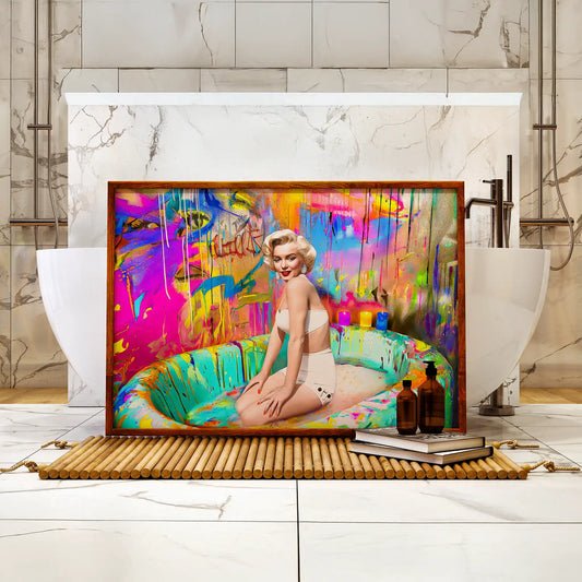 Bathroom mockup of Marilyn Monroe kneeling in a colorful bathtub surrounded by graffiti paint splashes, candles, and abstract textures-Marilyn's Bath Retreat-Graphique Addictions.