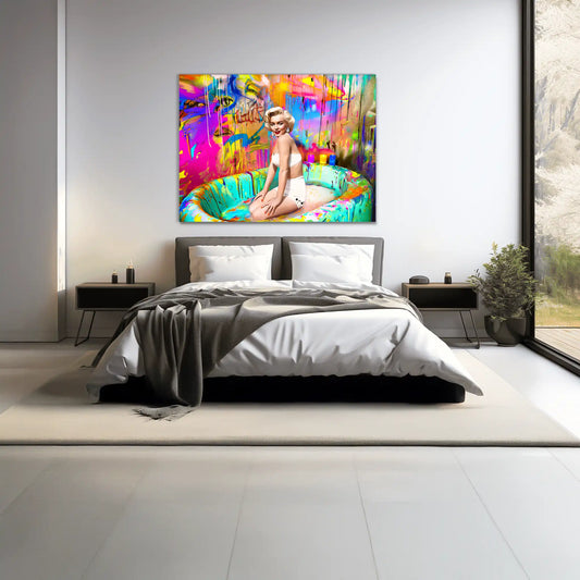 Marilyn Monroe kneeling in a colorful bathtub surrounded by graffiti paint splashes, candles, and abstract textures-Marilyns-Neon-Bath-Retreat-bedroom-mockup, Graphique Addictions