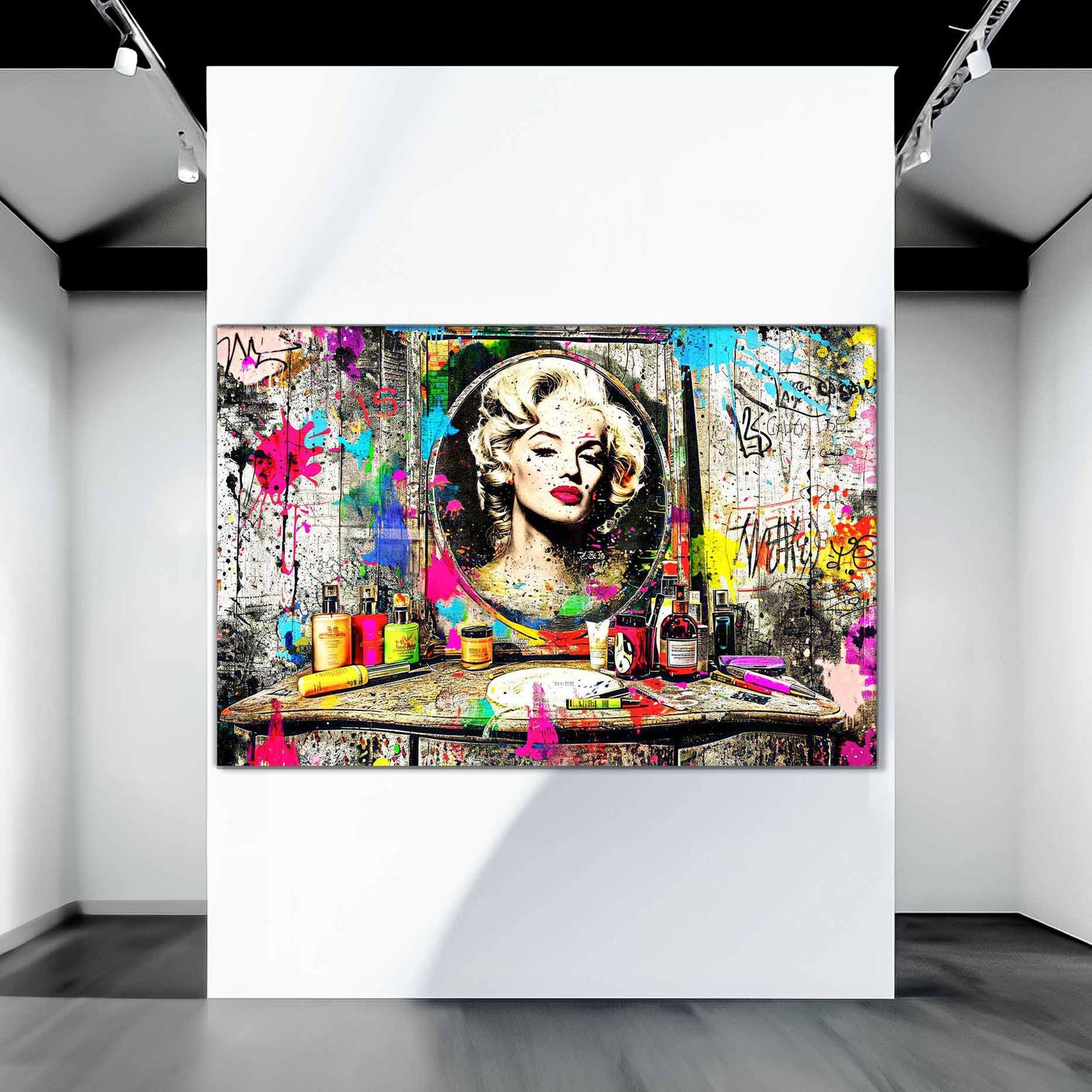 Art gallery mockup of Marilyn Monroe's reflection in a mirror, against an old wooden vanity table covered with makeup, perfume bottles, and colorful graffiti and paint. Marilyn's Painted Mirror-Graphique Addictions.