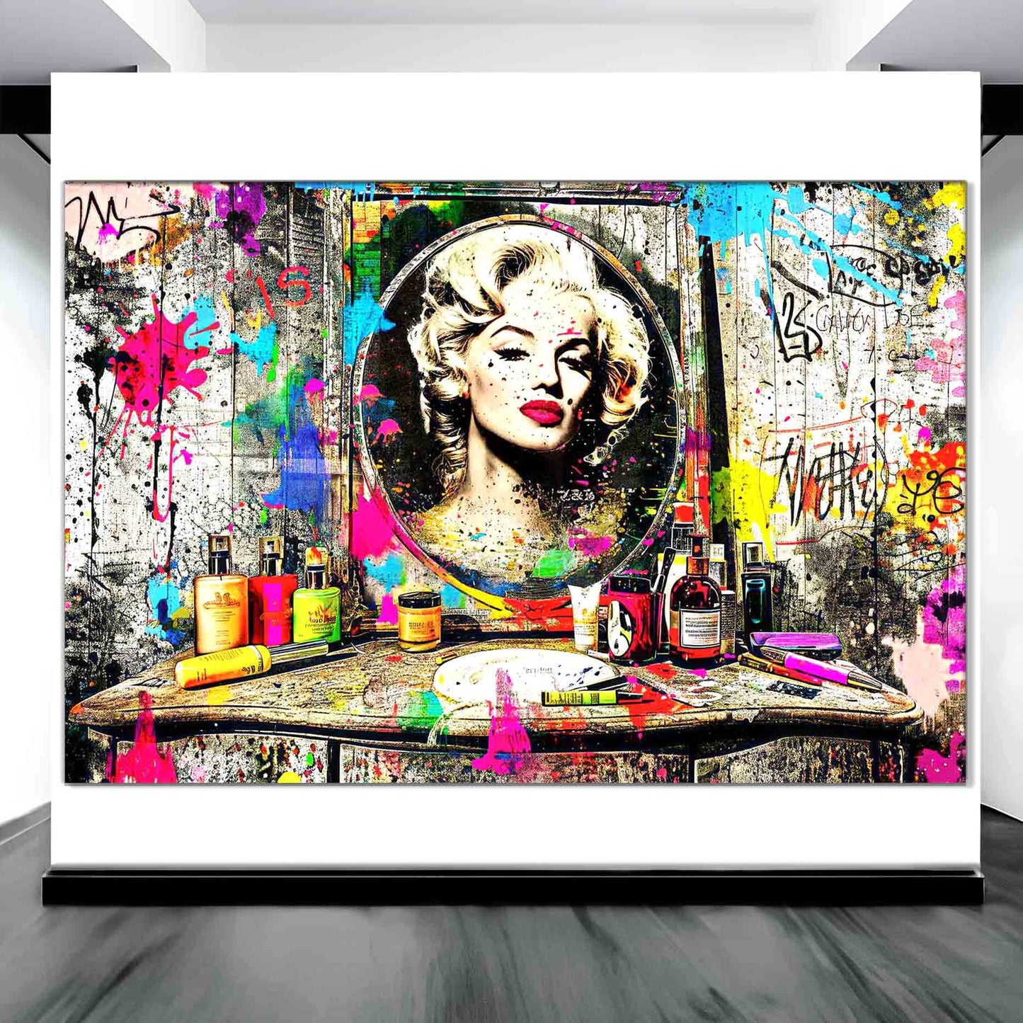 Art display of Marilyn Monroe's reflection in a mirror, against an old wooden vanity table covered with makeup, perfume bottles, and colorful graffiti and paint. Marilyn's Painted Mirror-Graphique Addictions.