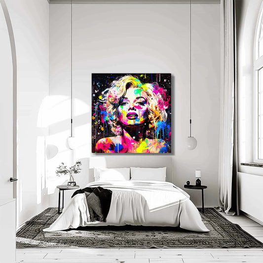 Bedroom mockup of Marilyn Monroe's face splattered with colorful paint. Marilyn's Splatter-Sensation-Graphique Addictions.