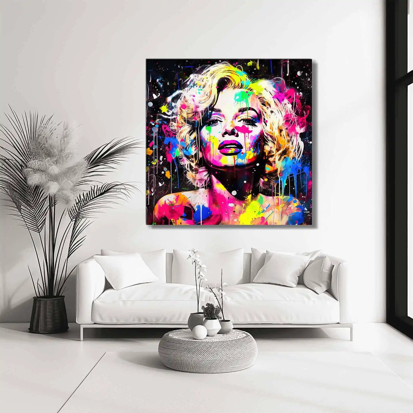 Living room mockup of Marilyn Monroe's face splattered with colorful paint. Marilyn's Splatter-Sensation-Graphique Addictions.