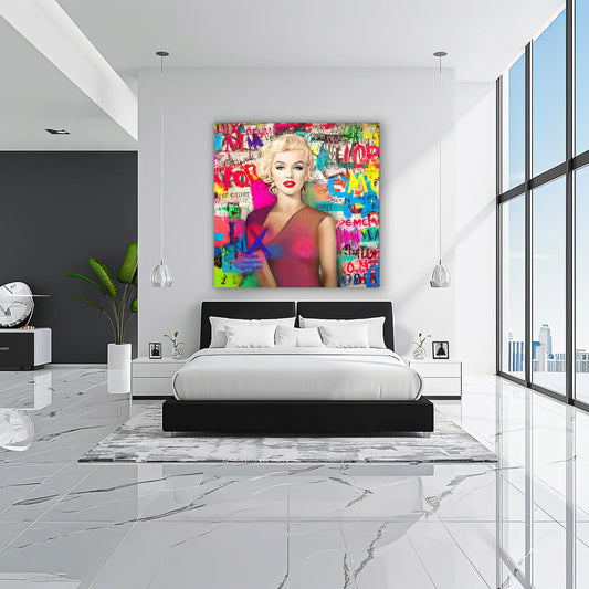 colorful artwork of marilyn monroe wearing a pink dress with graffiti-style letters displayed in a modern bedroom. Marilyns Letter Chaos-Graphique Addictions.