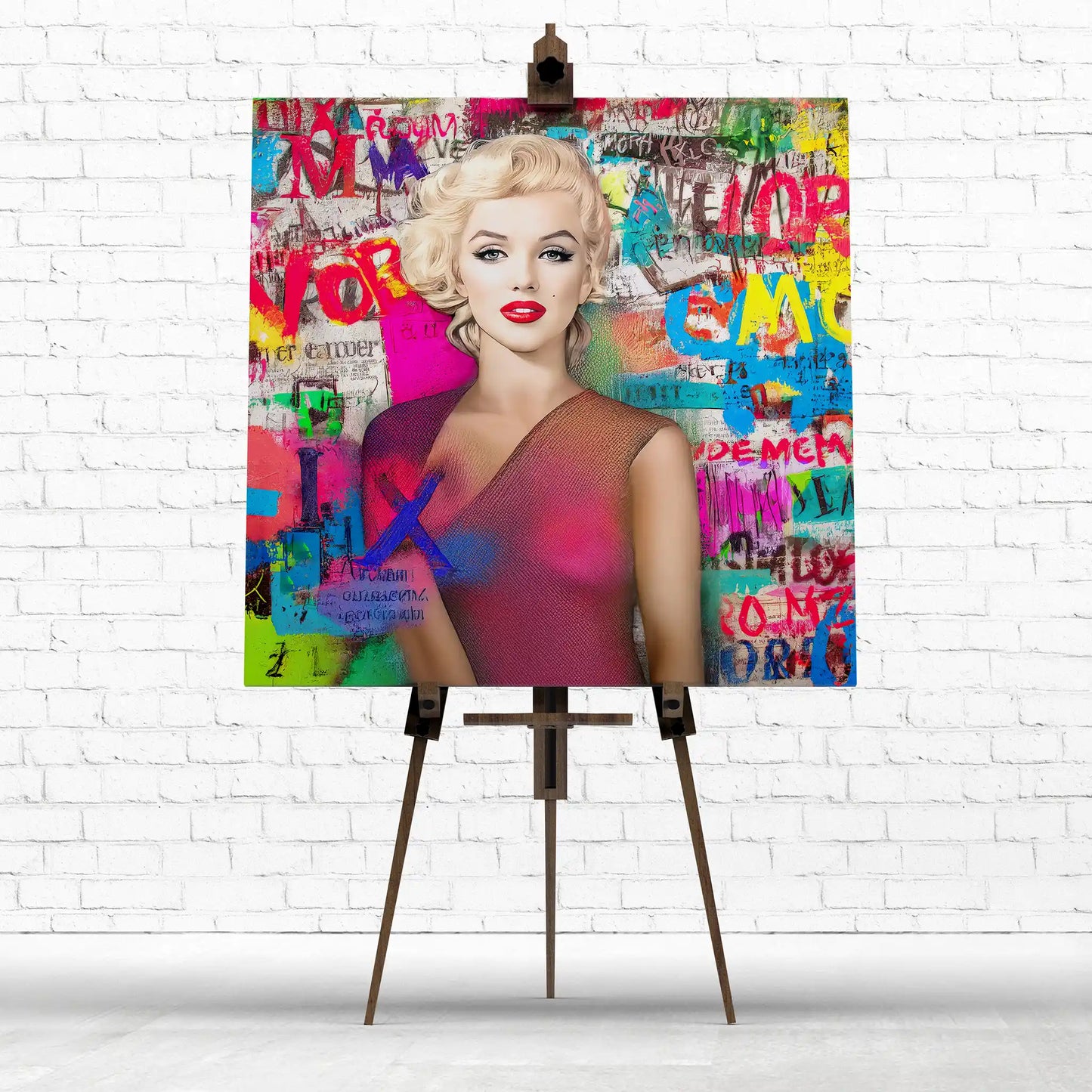 Colorful artwork of a marilyn monroe wearing a pink dress with graffiti letters on an easel against a white brick wall.