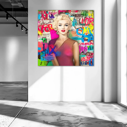 Colorful artwork of marilyn monroe wearing a pink dress with graffiti-style letters in a modern interior setting. Marilyns Letter Chaos-Graphique Addictions.
