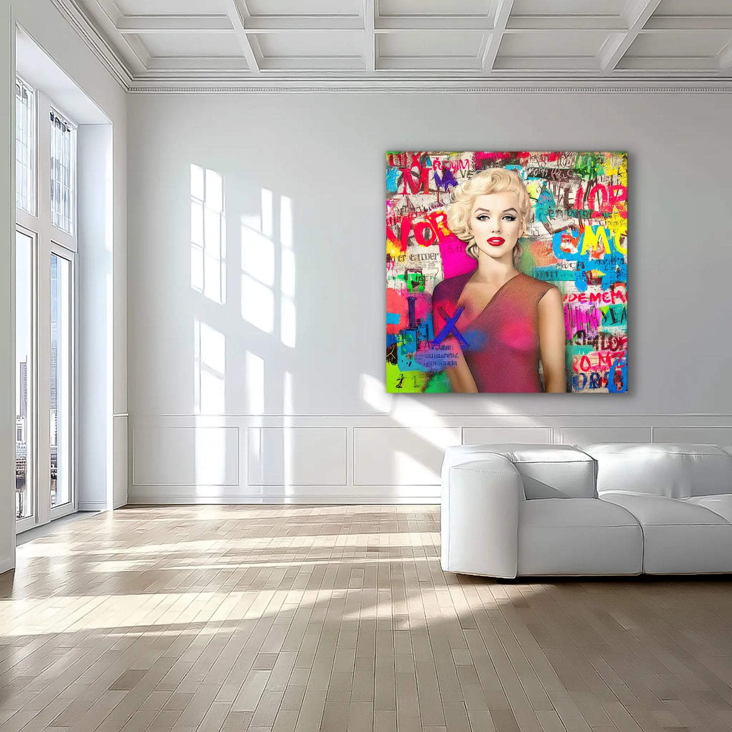 colorful artwork of marilyn monroe wearing a pink dress with graffiti-style letters displayed in a modern living room. Marilyns Letter Chaos-Graphique Addictions.
