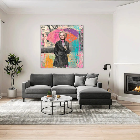 Living room wall decor of colorful mixed media portrait of Marilyn Monroe holding an umbrella on a rainy city street, with graffiti splashes and pastel tones in a pop art style. Graphique Addictions-Marilyn's Retro Rain.