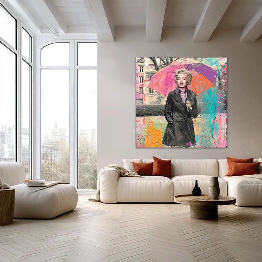 Living room mockup of colorful mixed media portrait of Marilyn Monroe holding an umbrella on a rainy city street, with graffiti splashes and pastel tones in a pop art style. Graphique Addictions-Marilyn's Retro Rain.