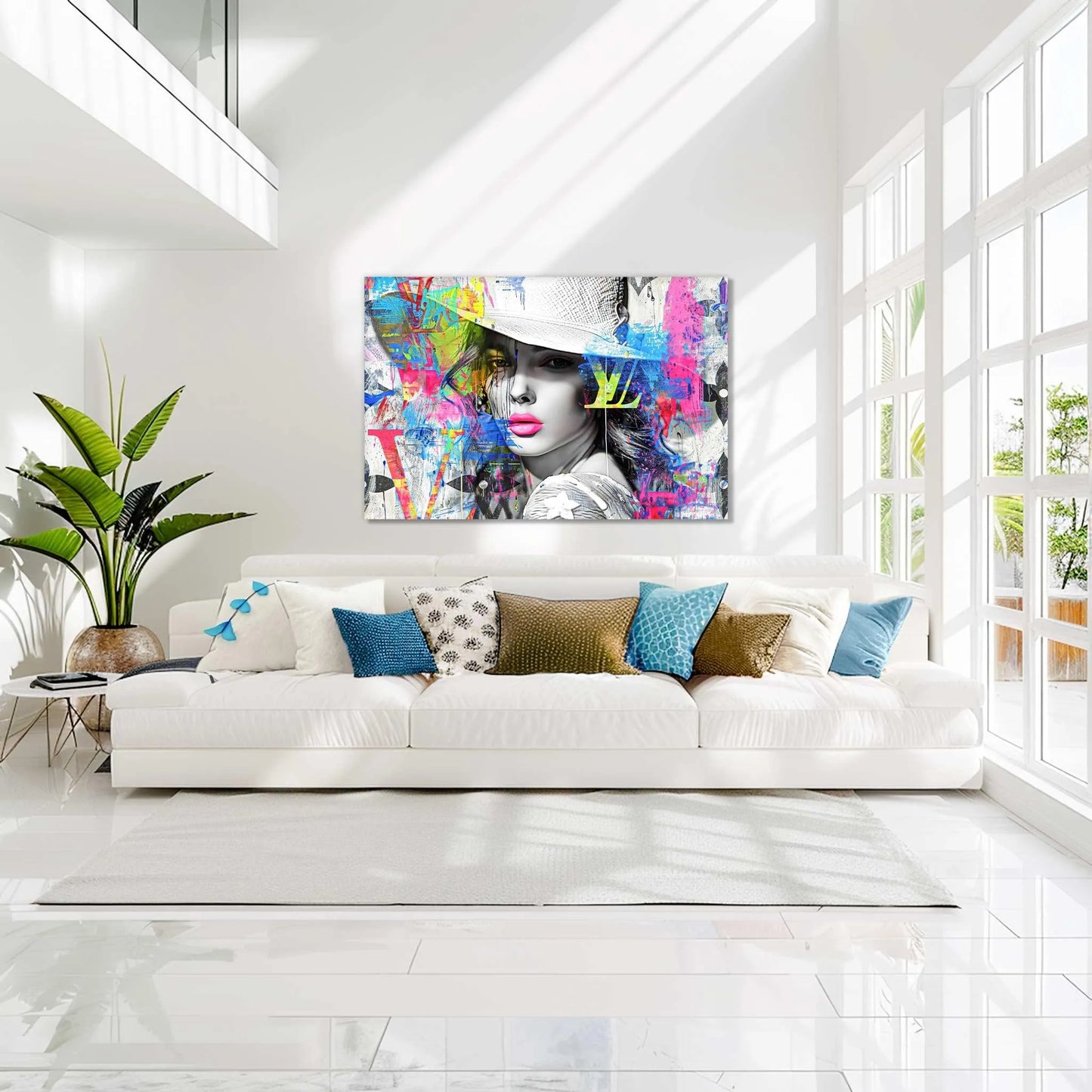 Living room wall decor of a beautiful woman in a stylish white hat, against a backdrop of colorful graffiti and street-art style paint splashes and Louis Vuitton-inspired logos. Monogram Vogue Elegance-Graphique Addictions.