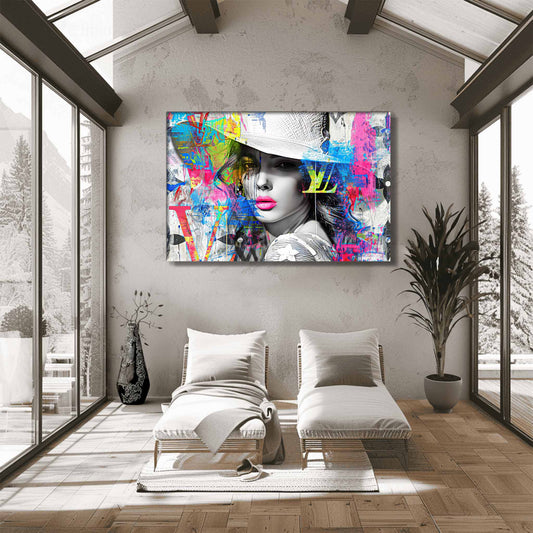 Sunroom wall decor of a beautiful woman in a stylish white hat, against a backdrop of colorful graffiti and street-art style paint splashes and Louis Vuitton-inspired logos. Monogram Vogue Elegance-Graphique Addictions.