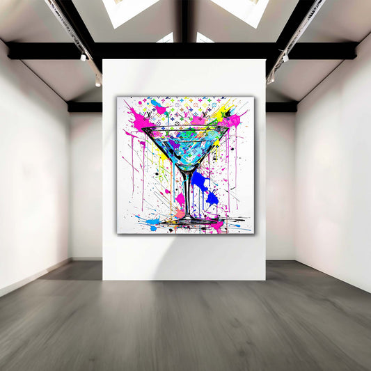 Martini glass with colorful Louis Vuitton-inspired patterns, graffiti and paint drips, art gallery wall decor. Monogrammed Martini-Graphique Addictions.