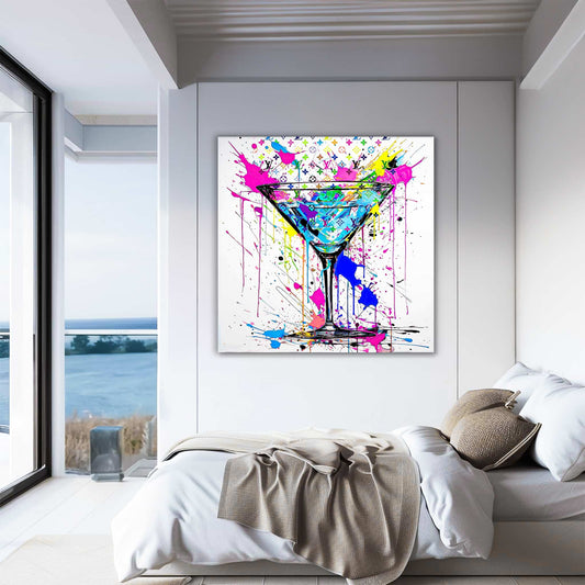 Martini glass with colorful Louis Vuitton-inspired patterns, graffiti and paint drips, bedroom wall decor. Monogrammed Martini-Graphique Addictions.