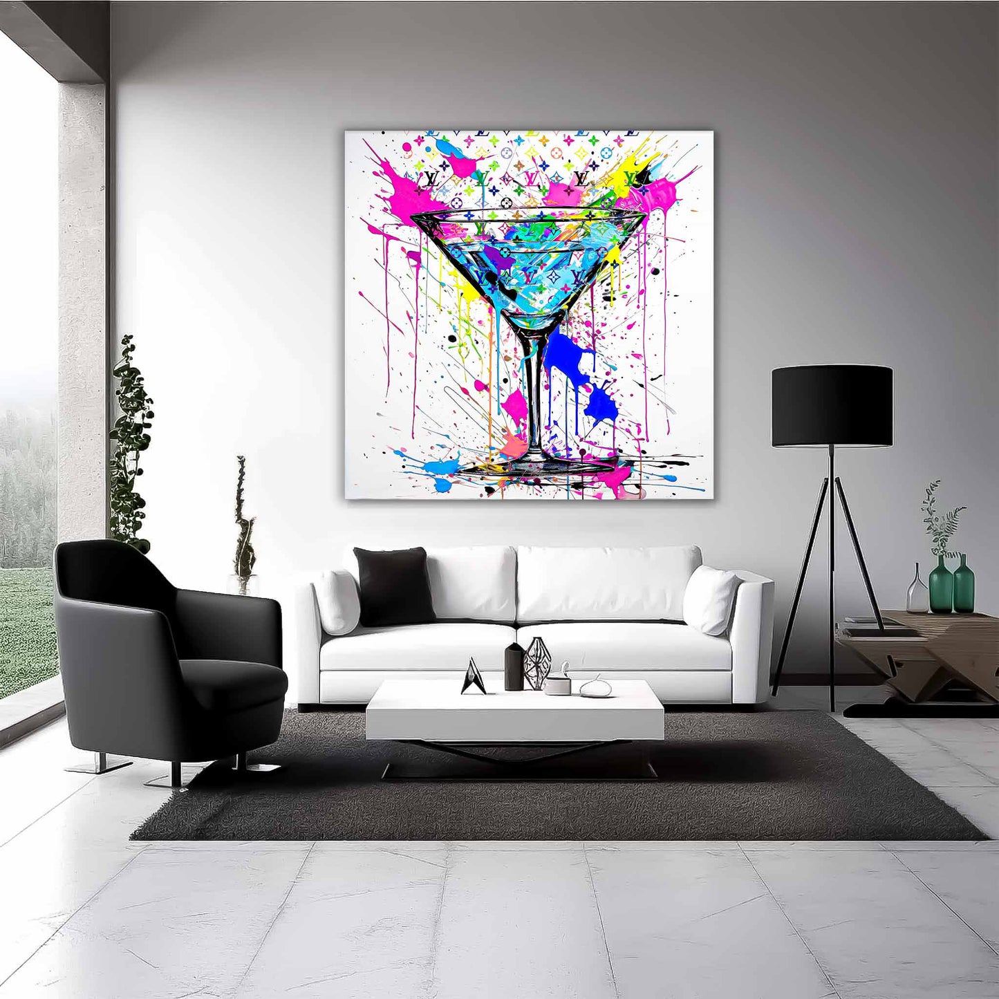 Martini glass with colorful Louis Vuitton-inspired patterns, graffiti and paint drips, living room wall decor. Monogrammed Martini-Graphique Addictions.
