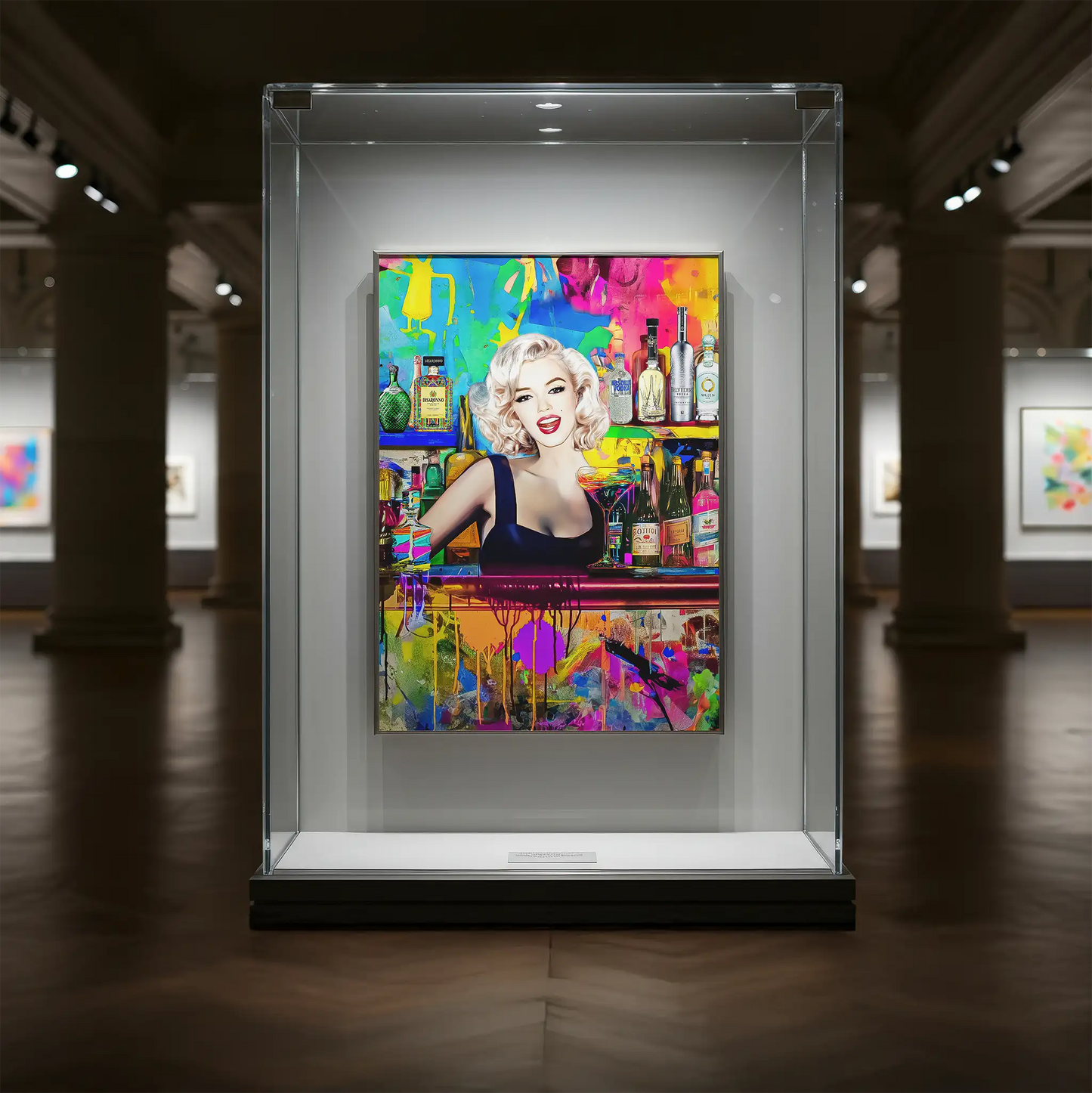 Glass art display of Marilyn Monroe as a bartender, in a colorful bar surrounded by vibrant abstract patterns and shelves stocked with colorful liquor bottles. Monroe Mixology-Graphique Addictions.