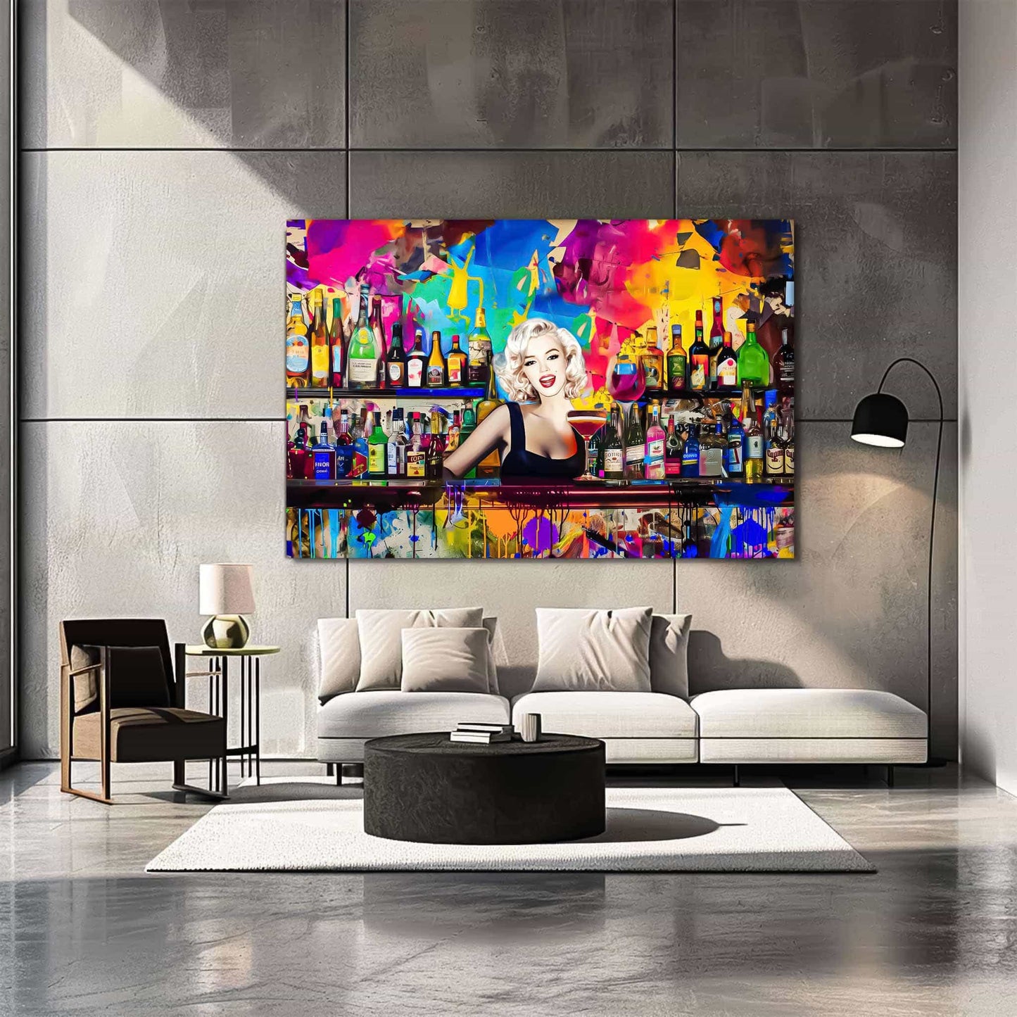 Den Living room wall decor of Marilyn Monroe as a bartender, in a colorful bar surrounded by vibrant abstract patterns and shelves stocked with colorful liquor bottles. Monroe Mixology-Graphique Addictions.