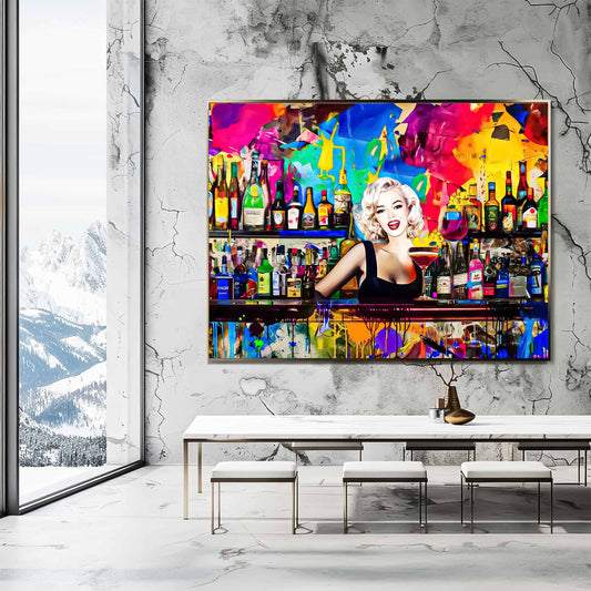 Dining room wall decor of Marilyn Monroe as a bartender, in a colorful bar surrounded by vibrant abstract patterns and shelves stocked with colorful liquor bottles. Monroe Mixology-Graphique Addictions.