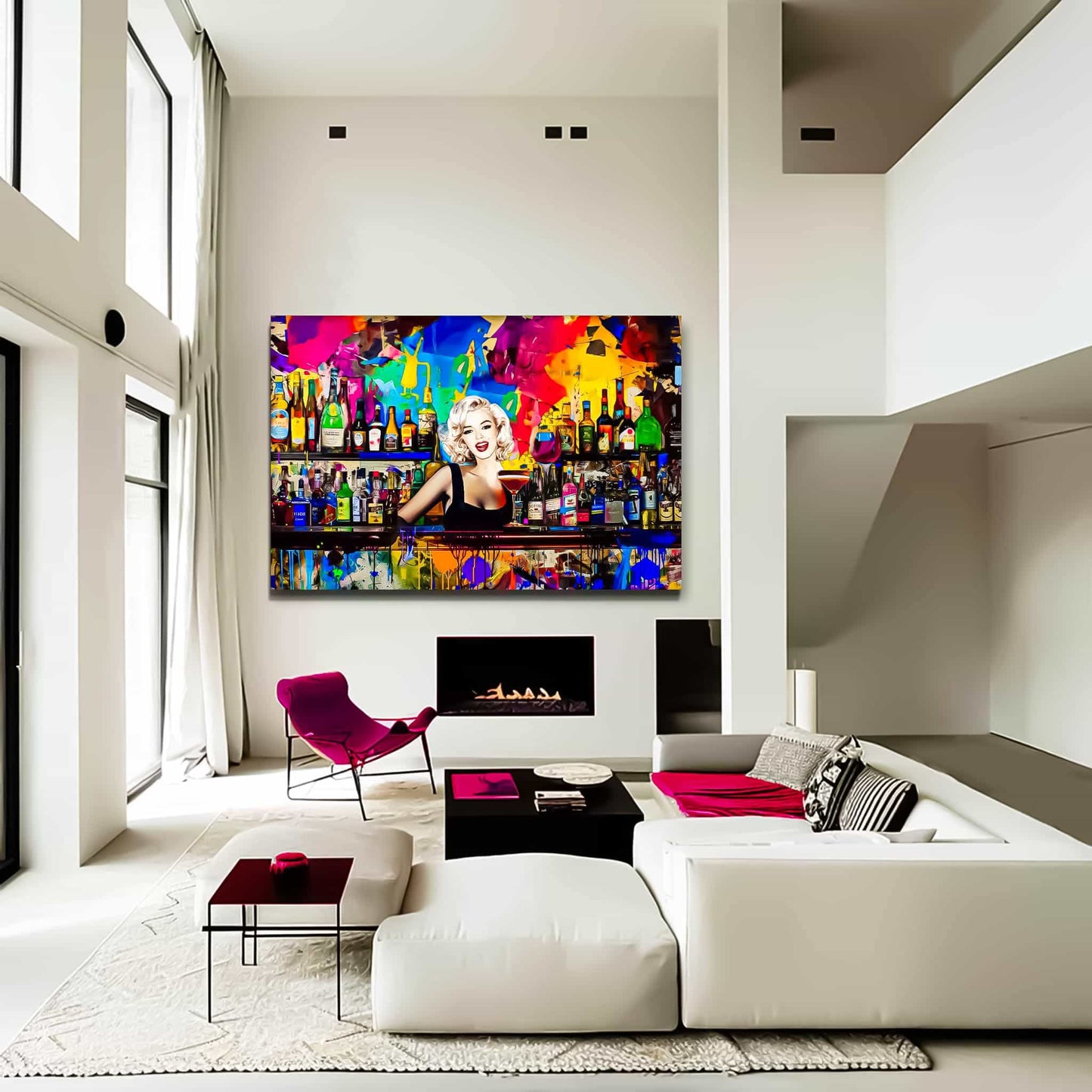 Living room wall decor of Marilyn Monroe as a bartender, in a colorful bar surrounded by vibrant abstract patterns and shelves stocked with colorful liquor bottles. Monroe Mixology-Graphique Addictions.