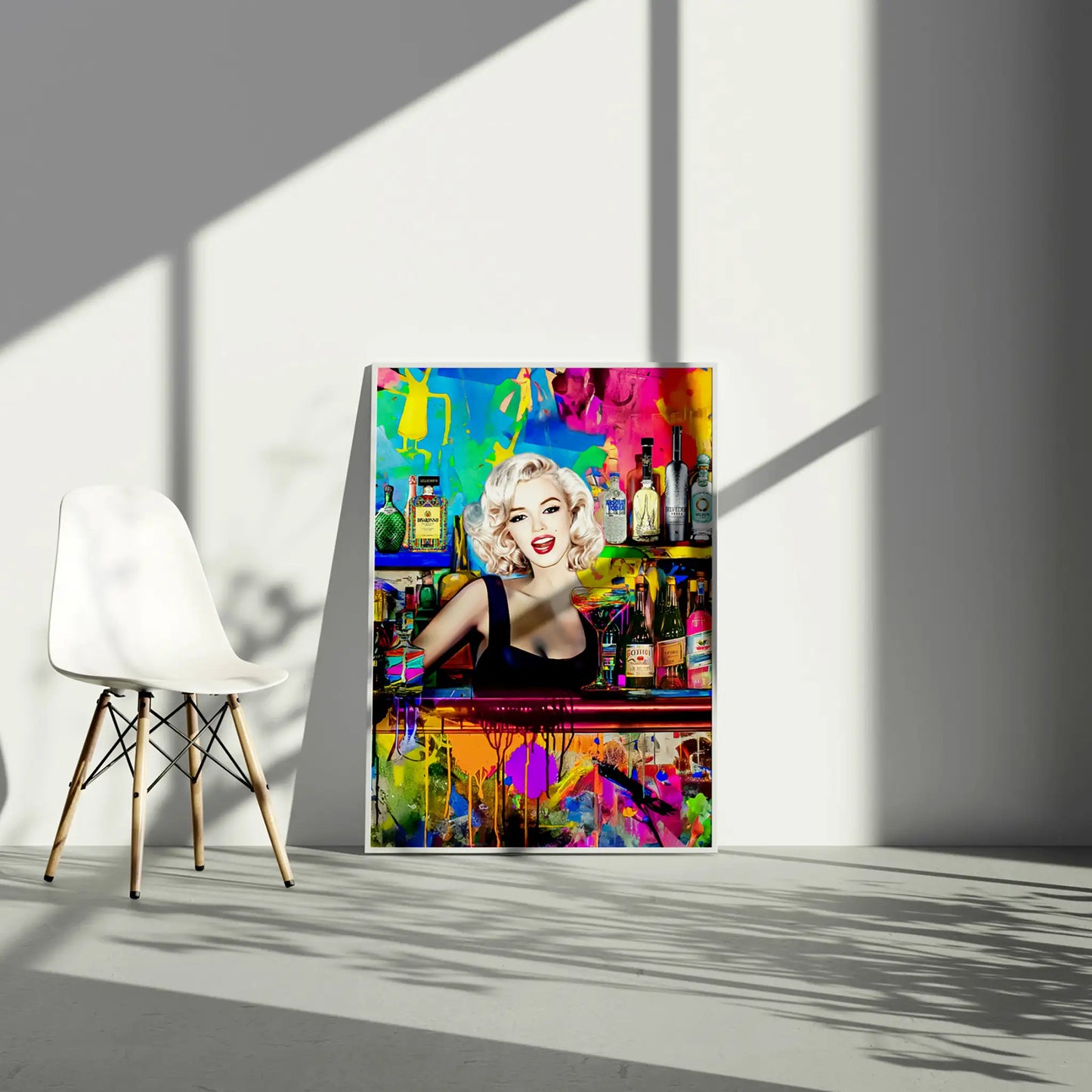 white chair in front of a white wall which displays framed art of Marilyn Monroe as a bartender, in a colorful bar surrounded by vibrant abstract patterns and shelves stocked with colorful liquor bottles. Monroe Mixology-Graphique Addictions.