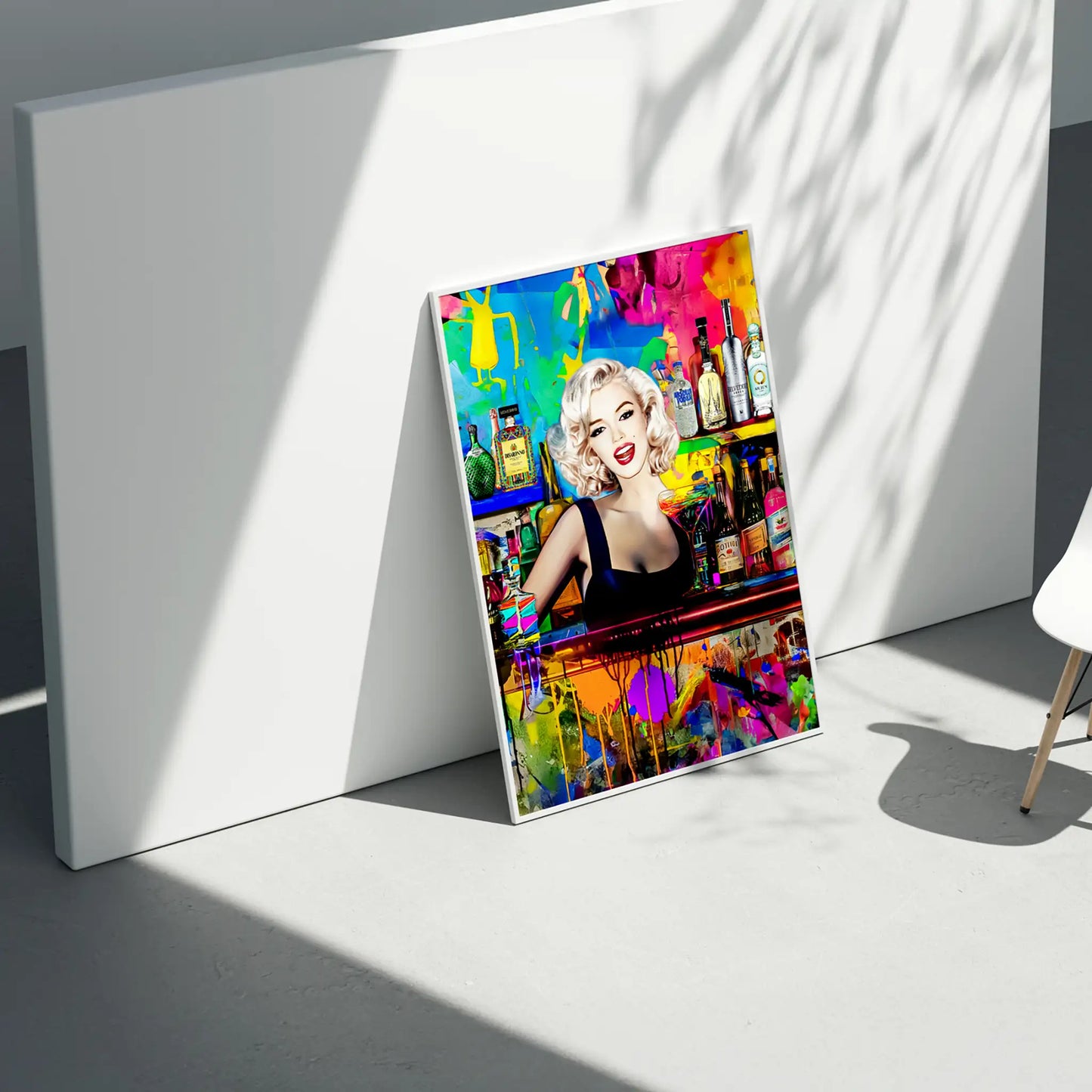art against a white wall of Marilyn Monroe as a bartender, in a colorful bar surrounded by vibrant abstract patterns and shelves stocked with colorful liquor bottles. Monroe Mixology-Graphique Addictions.