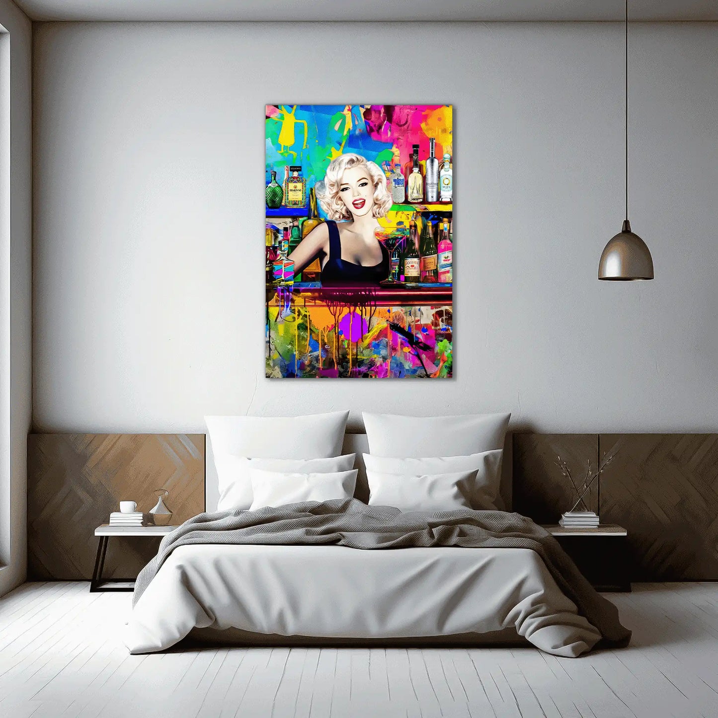 Bedroom wall decor of Marilyn Monroe as a bartender, in a colorful bar surrounded by vibrant abstract patterns and shelves stocked with colorful liquor bottles. Monroe Mixology-Graphique Addictions.