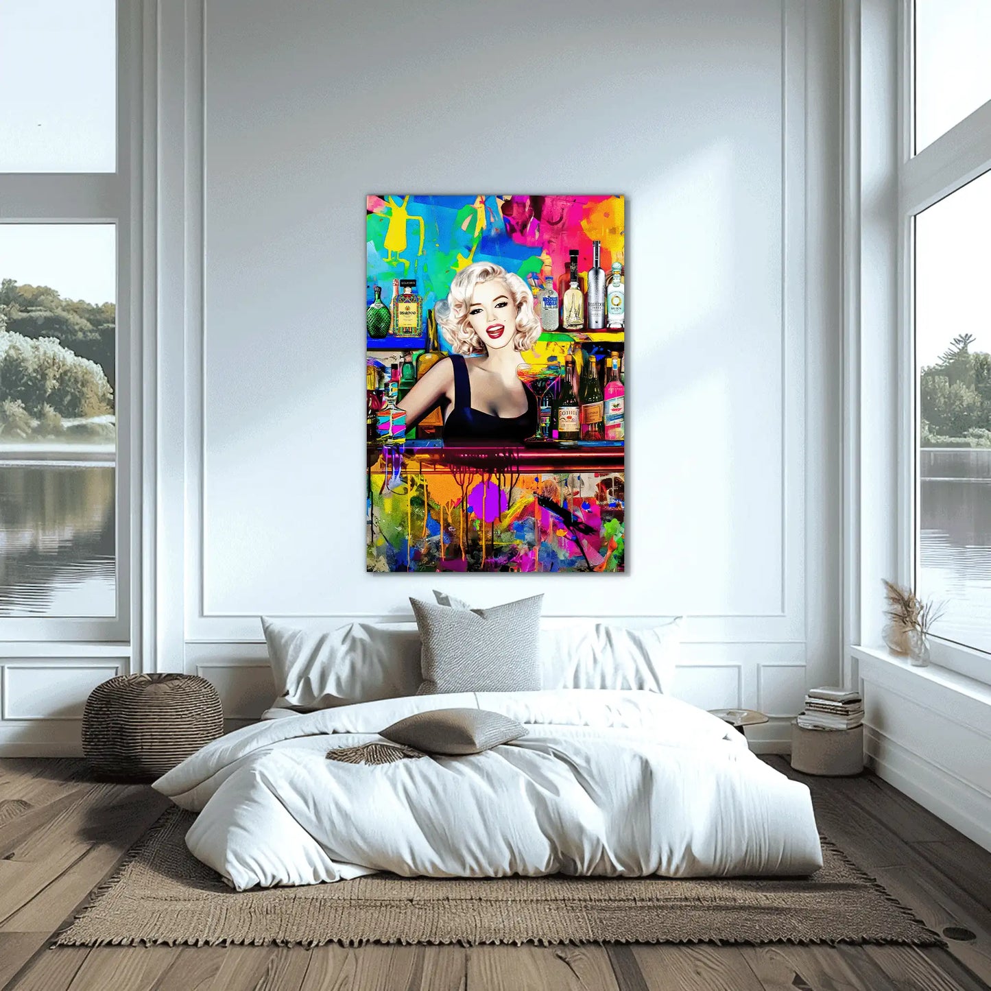 Bedroom mockup of Marilyn Monroe as a bartender, in a colorful bar surrounded by vibrant abstract patterns and shelves stocked with colorful liquor bottles. Monroe Mixology-Graphique Addictions.