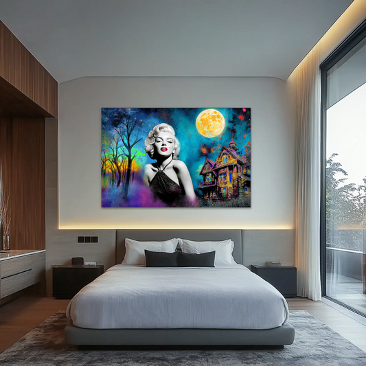 Modern bedroom colorful painting above a bed of Marilyn Monroe wearing a black dress with a haunted house and moon behind her. Moonlit Marilyn-Graphique Addictions.