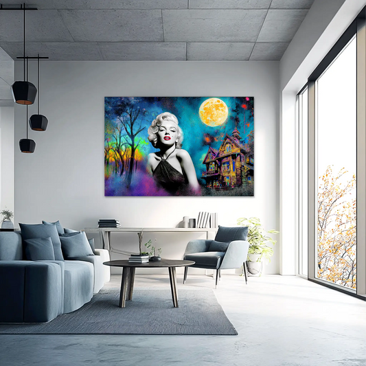 Living room colorful painting of Marilyn Monroe wearing a black dress with a haunted house and moon behind her. Moonlit Marilyn-Graphique Addictions.