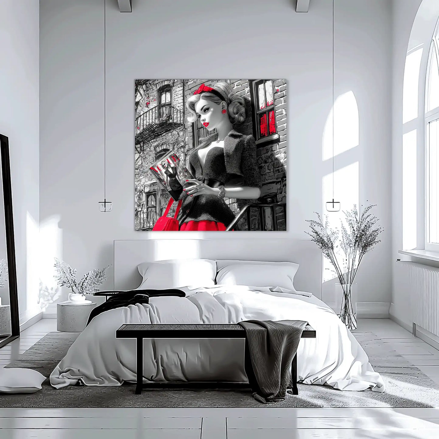 Black and white art of a fashion doll wearing a red skirt and black blazer, on a NYC street corner holding a magazine-NYC-Noir-Doll-Bedroom-mockup, Graphique Addictions