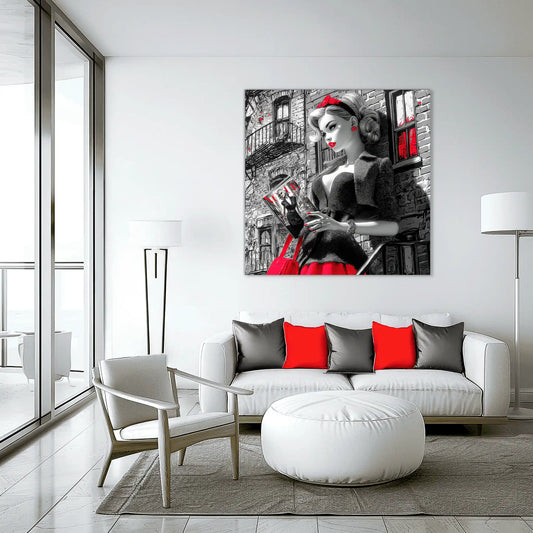 Black and white art of a fashion doll wearing a red skirt and black blazer, on a NYC street corner holding a magazine-NYC-Noir-Doll-living-room-mockup, Graphique Addictions