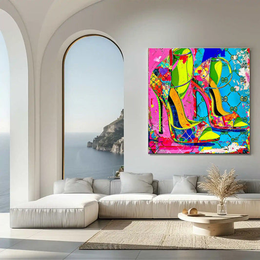 Living room wall decor of High heel shoes against colorful abstract background with splashes of color and shapes, in shades of lime green, hot pink, bright blue, and yellow. Neon Gucci Pumps-Graphique Addictions.