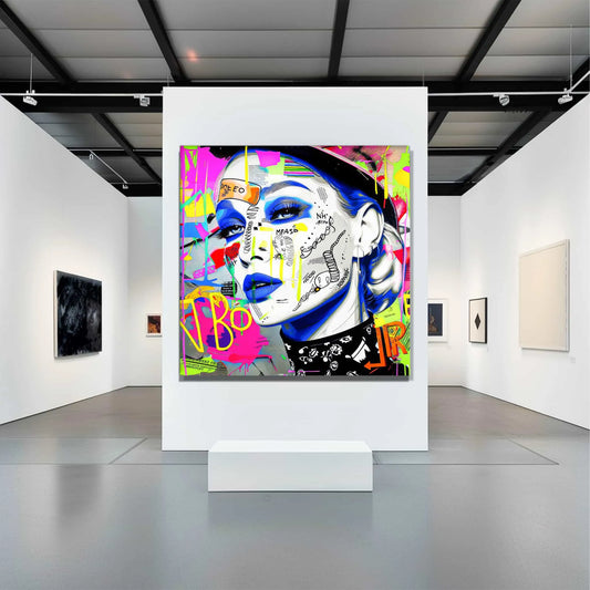 Art display of a close-up of a woman's face covered in vibrant stickers and graffiti, wearing blue lipstick. Neon Noir Vixen-Graphique Addictions.